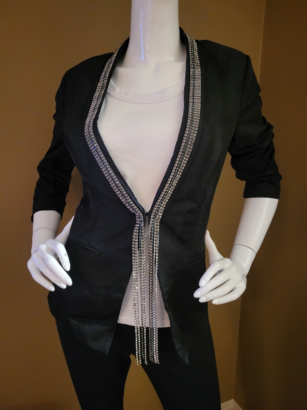 Rock & Republic Black Blazer with Silver Jeweled Fringe